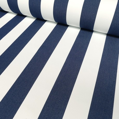 Coupon 3m Tissu Toile Outdoor Deperlante Rayure Bleu Marine 
