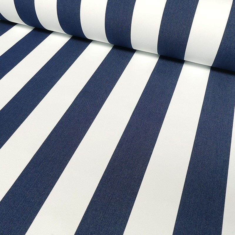 Coupon 3m Tissu Toile Outdoor Deperlante Rayure Bleu Marine 