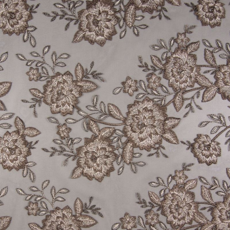 Coupon 3m Tissu Fleurs Brodées sur Tulle Taupe 