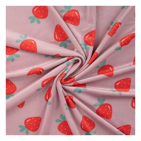 Coupon 3m Tissu Chilly Velours Imprimé Fraise Rose