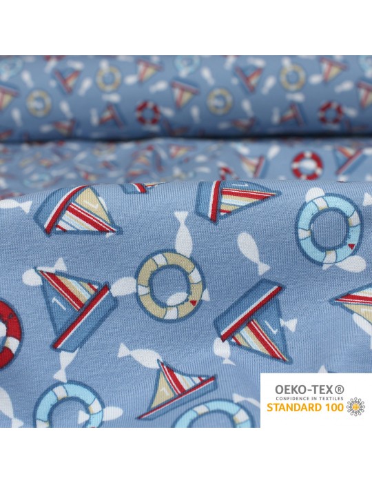 Tissu jersey coton/élasthanne imprimé voilier oeko-tex bleu