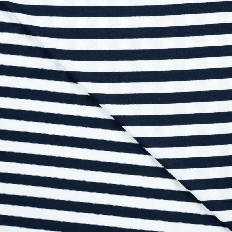 Coupon 3m Tissu Viscose Elasthanne Rayure Marine 10mm 