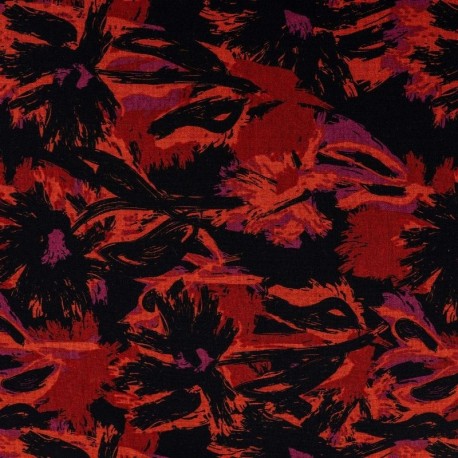 Coupon 3m Tissu Polyviscose Imprimé Fleurs Rouge