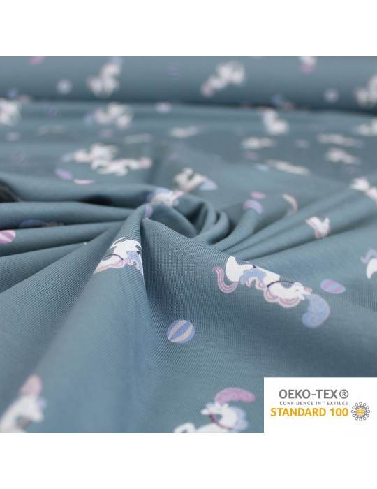 Tissu Jersey imprimé licorne oeko-tex bleu