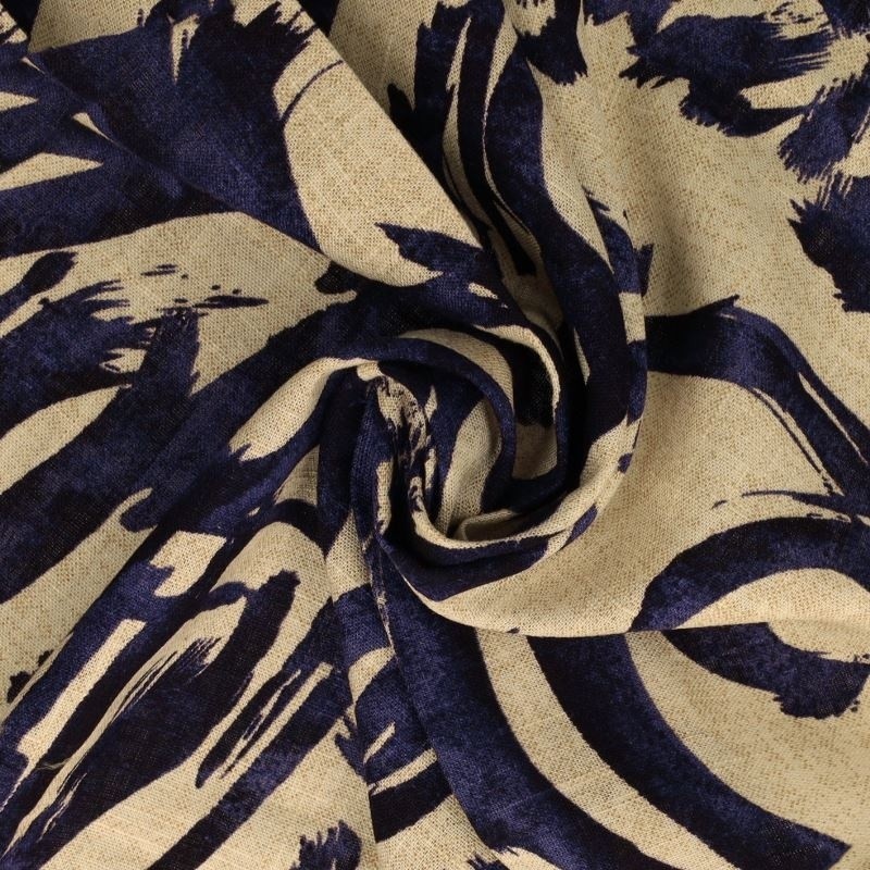Coupon 3m Tissu Viscose Lin Imprimé Digital Bleu