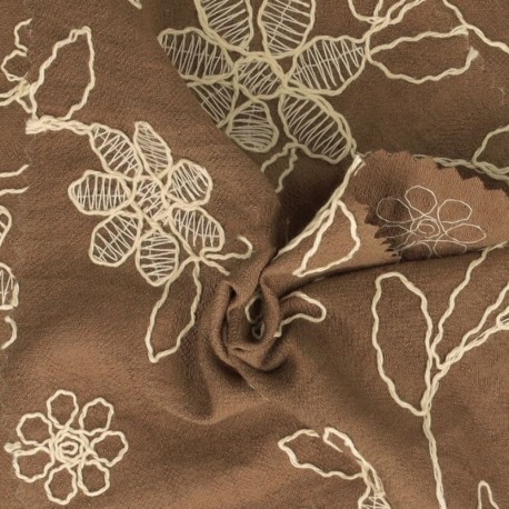 Coupon 3m Tissu Viscose Polyamide Brodé Chocolat