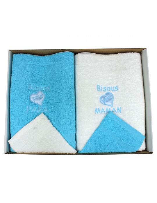 Coffret cadeau 2 serviettes, 2 gants toilette bébé bleu