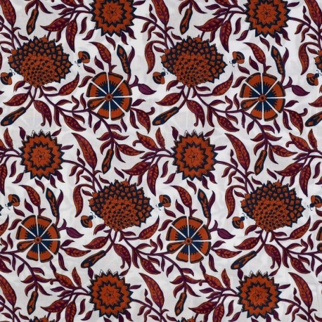 Coupon 3m Tissu Voile de Coton Imprimé Fleurs Cognac