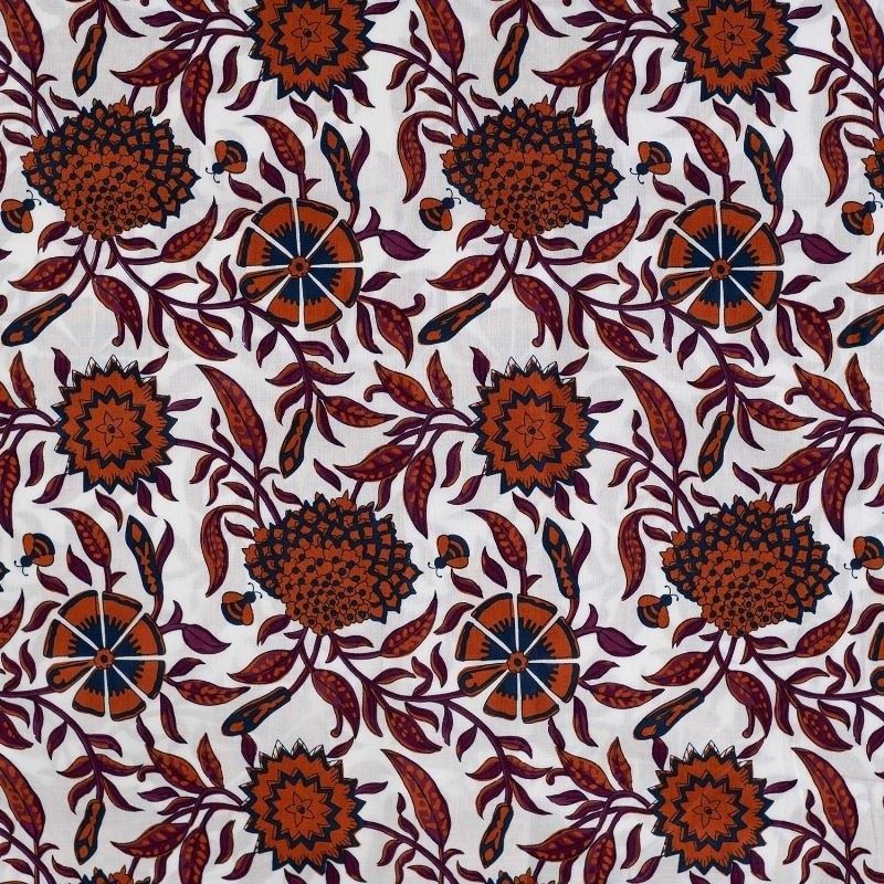 Coupon 3m Tissu Voile de Coton Imprimé Fleurs Cognac