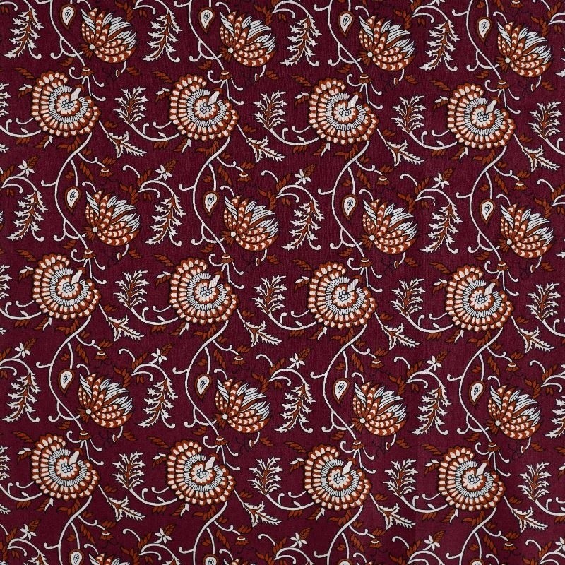 Coupon 3m Tissu Voile de Coton Imprimé Fleurs Cognac