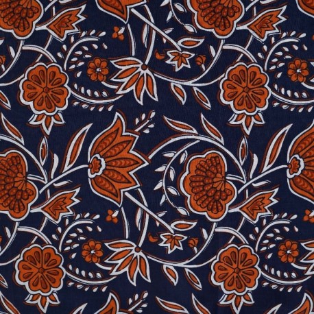 Coupon 3m Tissu Voile de Coton Imprimé Fleurs Cognac
