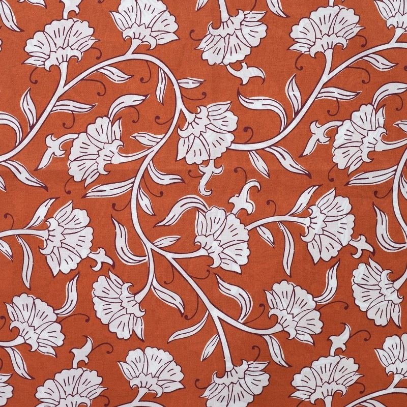 Coupon 3m Tissu Voile de Coton Imprimé Fleurs Cognac