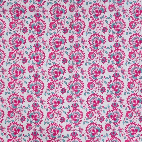 Coupon 3m Tissu Voile de Coton Imprimé Fleurs Fuchsia 