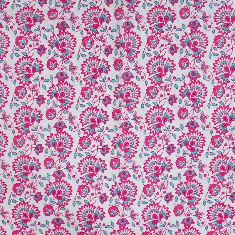 Coupon 3m Tissu Voile de Coton Imprimé Fleurs Fuchsia 