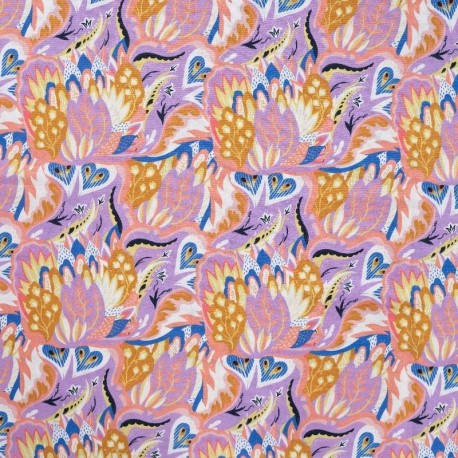 Coupon 3m Tissu Voile de Coton Imprimé Abstrait Lilas