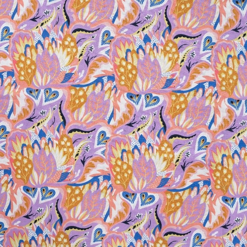 Coupon 3m Tissu Voile de Coton Imprimé Abstrait Lilas