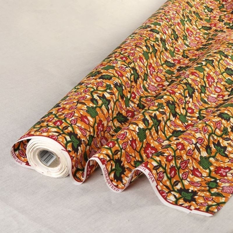 Coupon 3m Tissu Wax Imprimé Orange Jaune Vert