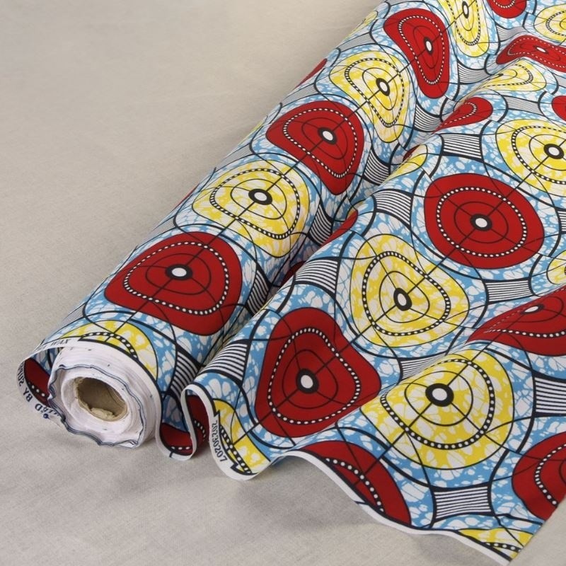 Coupon 3m Tissu Wax Imprimé Rouge Bleu Jaune