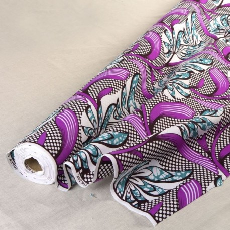 Coupon 3m Tissu Wax Imprimé Violet Bleu 