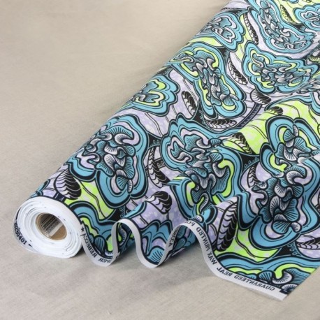 Coupon 3m Tissu Wax Imprimé Bleu Vert Noir
