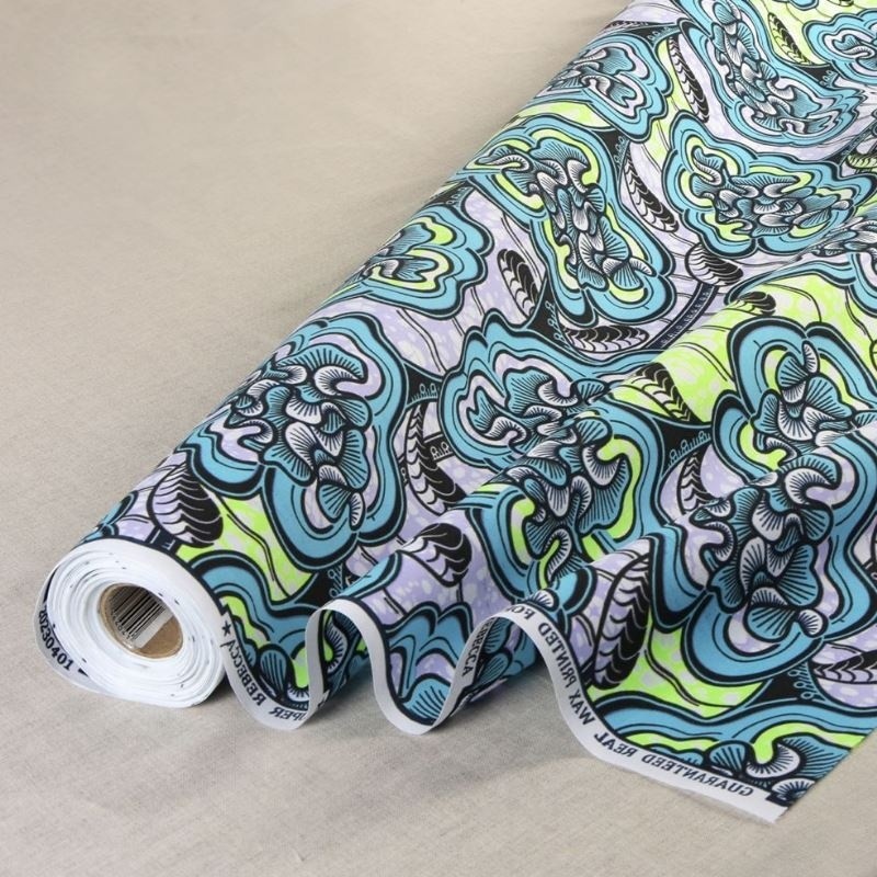 Coupon 3m Tissu Wax Imprimé Bleu Vert Noir