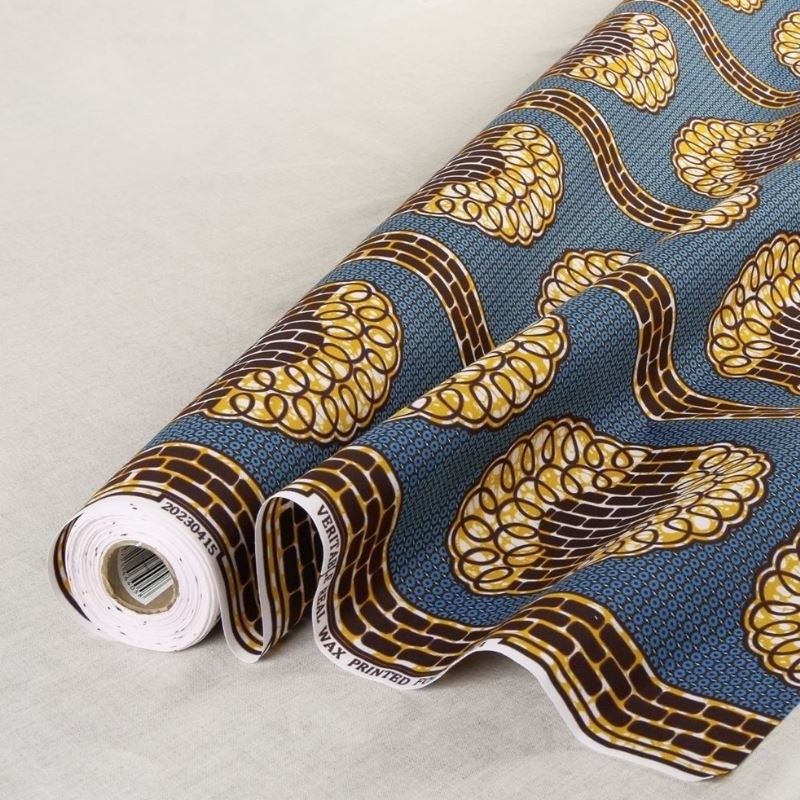 Coupon 3m Tissu Wax Imprimé Bleu Marron 