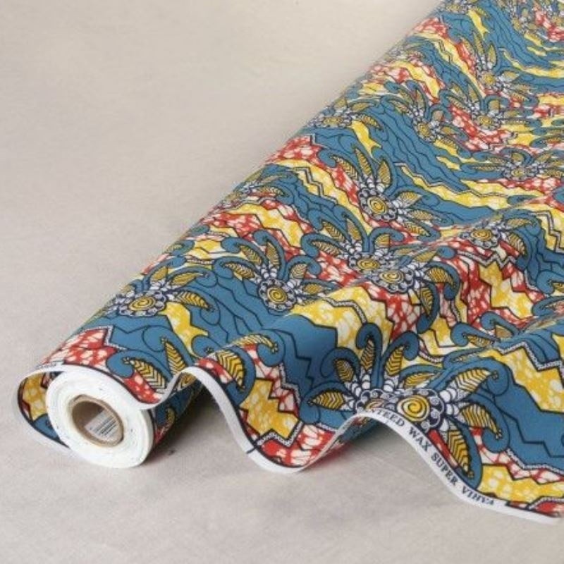 Coupon 3m Tissu Wax Imprimé Bleu Jaune Orange