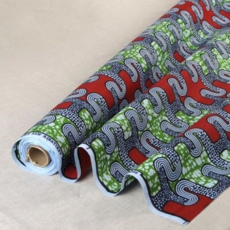 Coupon 3m Tissu Wax Imprimé Vert Rouge