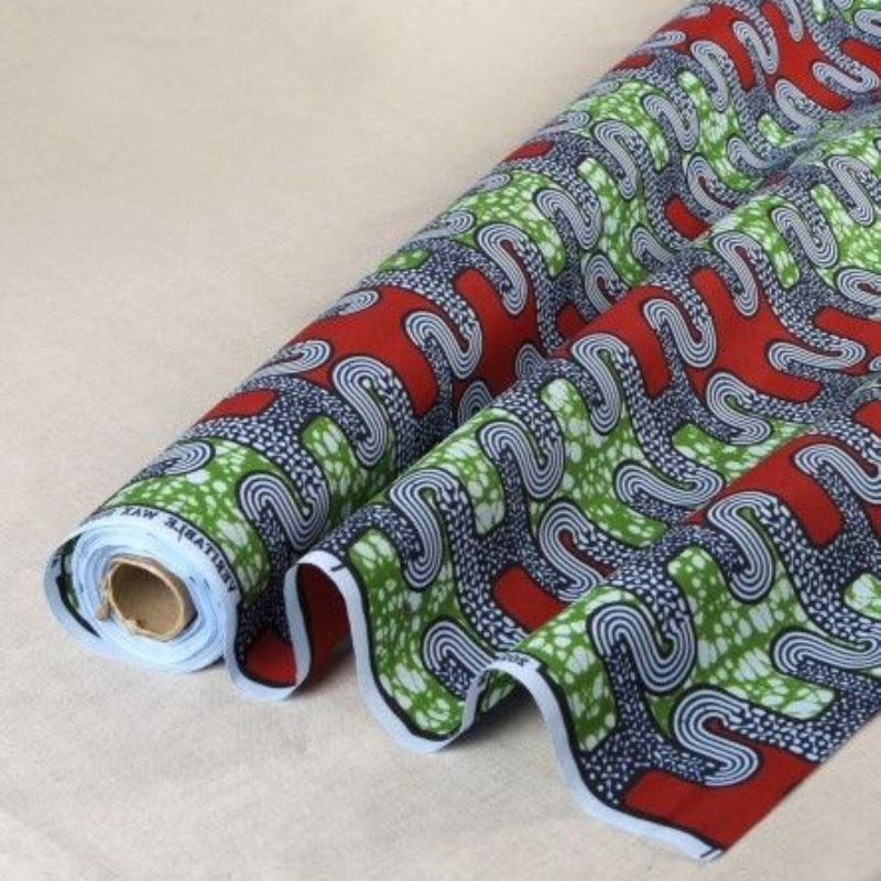 Coupon 3m Tissu Wax Imprimé Vert Rouge