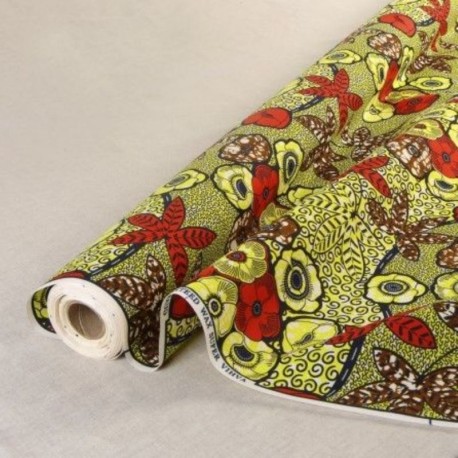 Coupon 3m Tissu Wax Imprimé Vert Rouge Marron 