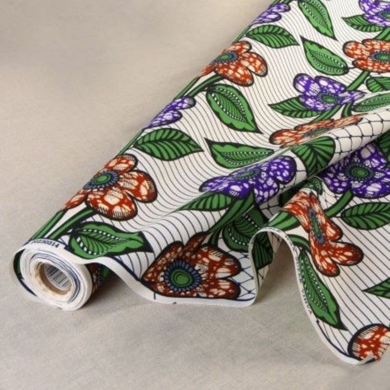 Coupon 3m Tissu Wax Imprimé Vert Marron Violet 