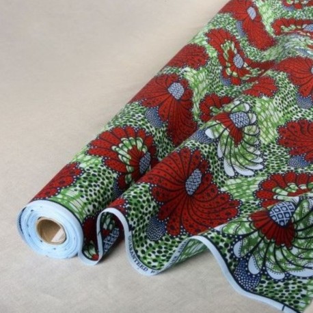 Coupon 3m Tissu Wax Imprimé Vert Rouge