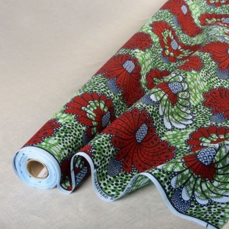 Coupon 3m Tissu Wax Imprimé Vert Rouge