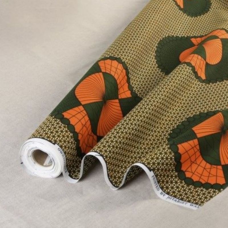 Coupon 3m Tissu Wax Imprimé Orange Vert 