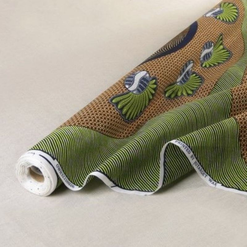 Coupon 3m Tissu Wax Imprimé Vert Marron 