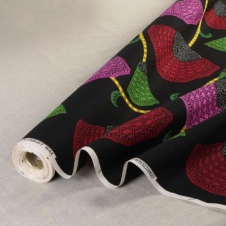 Coupon 3m Tissu Wax Imprimé Noir Rose Vert