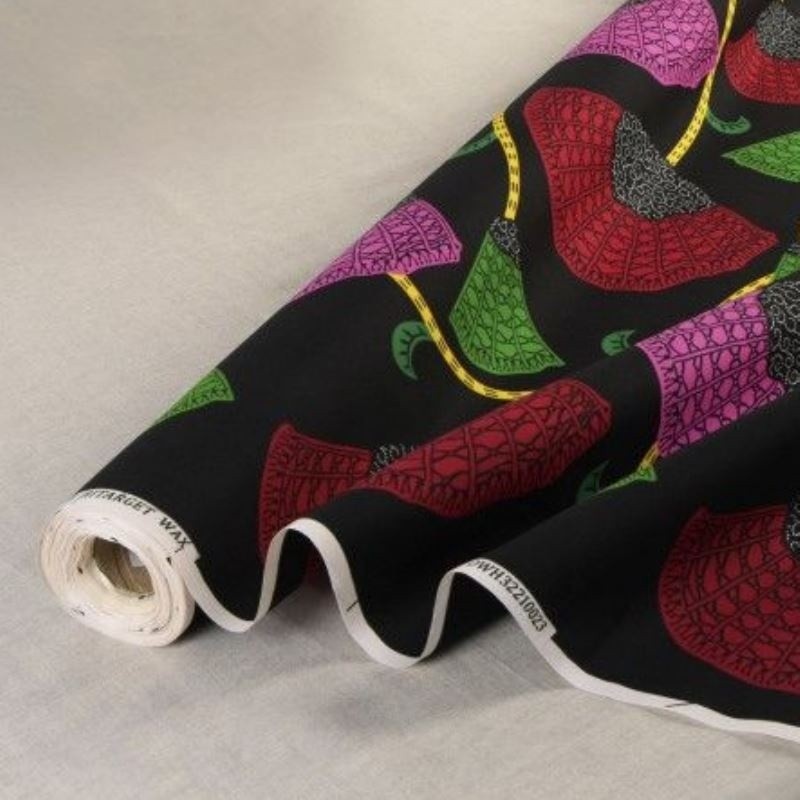 Coupon 3m Tissu Wax Imprimé Noir Rose Vert