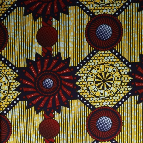Coupon 3m Tissu Wax Imprimé Motif Géométrique rouge Fond Jaune