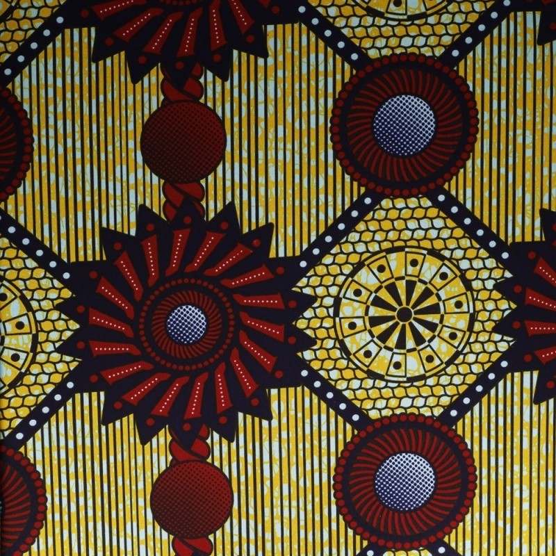 Coupon 3m Tissu Wax Imprimé Motif Géométrique rouge Fond Jaune