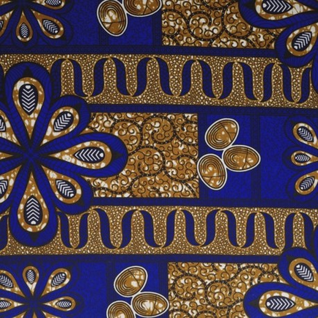 Coupon 3m Tissu Wax Imprimé Bleu et Ocre