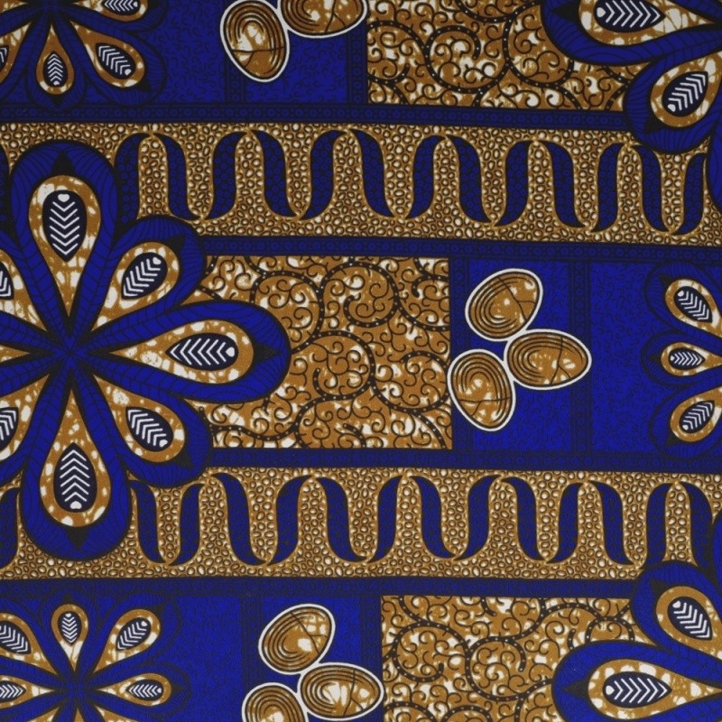 Coupon 3m Tissu Wax Imprimé Bleu et Ocre