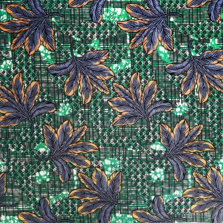 Coupon 3m Tissu Wax Imprimé Feuille Fond Vert