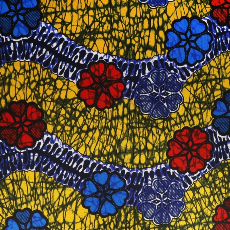 Coupon 3m Tissu Wax Imprimé Motif Floral Bleu et Rouge