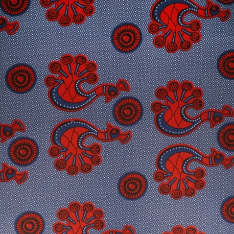 Coupon 3m Tissu Wax Imprimé Motif Paon Rouge