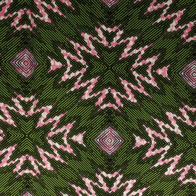 Coupon 3m Tissu Wax Imprimé Géométrique Rose et Vert