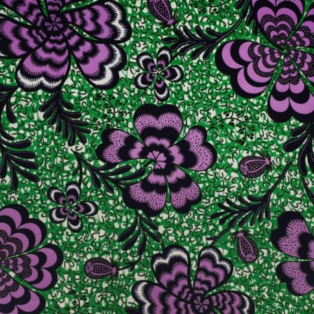 Coupon 3m Tissu Wax Imprimé Floral Rose sur Fond Vert