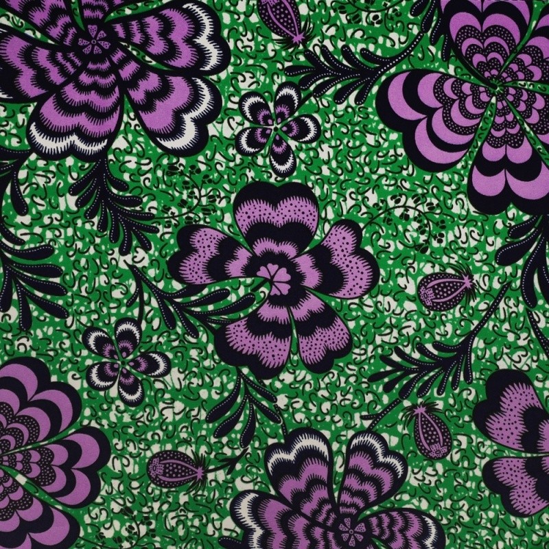 Coupon 3m Tissu Wax Imprimé Floral Rose sur Fond Vert