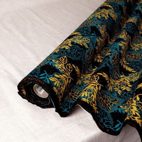 Coupon 3m Tissu Wax Imprime Mix Feuille Bleu Jaune