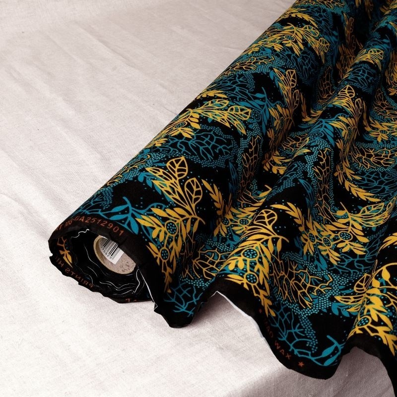Coupon 3m Tissu Wax Imprime Mix Feuille Bleu Jaune