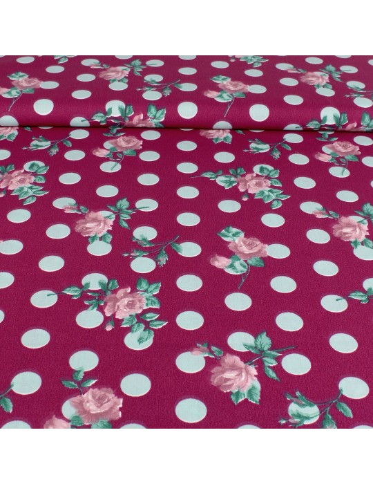 Tissu cretonne polyester/coton imprimé fleurs et pois violet